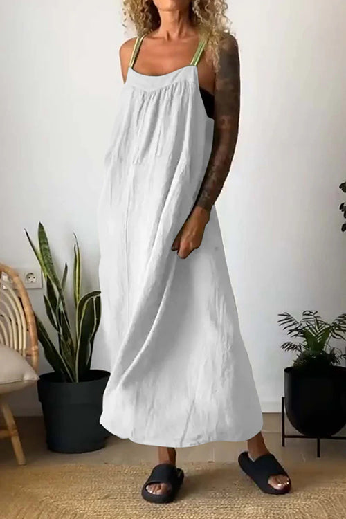 Color Block Casual Cotton Linen Maxi Beach Dress