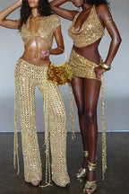 Gold Coast Knit Sequin Fabric Short Sleeve Crop Top and Adjustable Beaded Waist Loose Pants Set