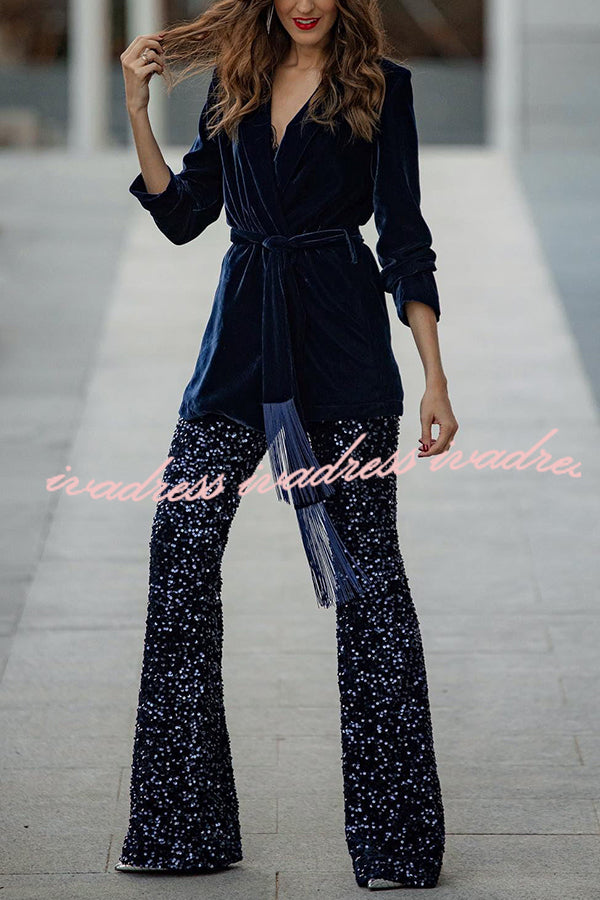 Diva Sequin High Rise Elastic Waist Flare Pants