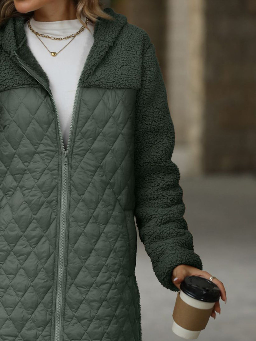 | Structured long-sleeved zip-up hooded coat