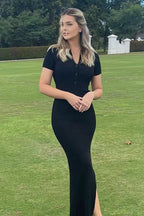 Elegant Sexy Lapel Short Sleeve Split Hem Sweater Dress