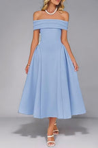 Off-Shoulder Waist-Cinched Solid Party Dress