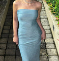 Glitter Strapless Foldover Neckline Side Ruched Tube Maxi Dress
