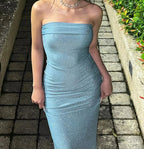 Glitter Strapless Foldover Neckline Side Ruched Tube Maxi Dress