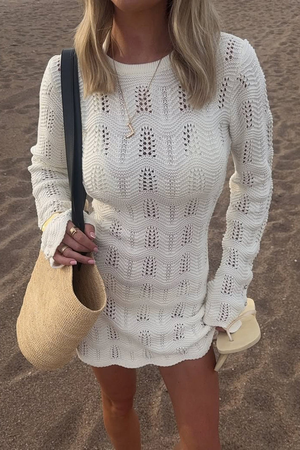 White Crew Neck Pointelle Knit Wavy Pattern Button Cuff Mini Dress