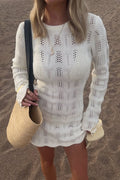 White Crew Neck Pointelle Knit Wavy Pattern Button Cuff Mini Dress