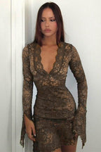 Lace Deep V-Neck Bell Sleeve Bodycon Mini Dress