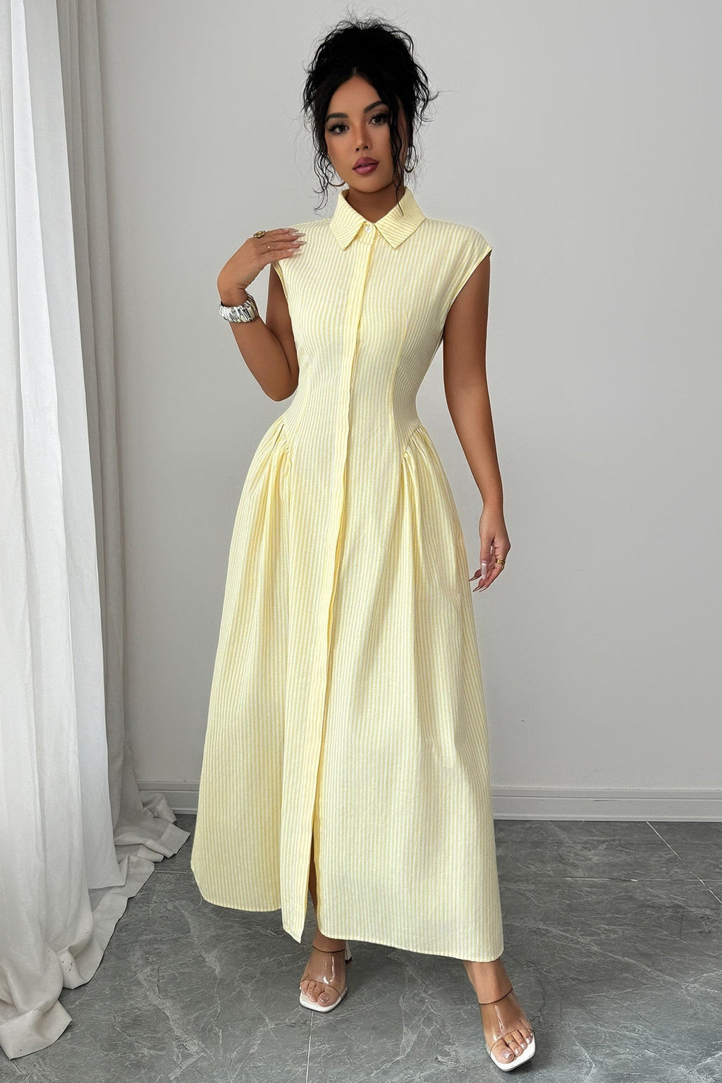 Beige Collared Sleeveless Pinstripe Cinched Waist Slit Maxi Shirt Dress