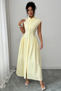 Beige Collared Sleeveless Pinstripe Cinched Waist Slit Maxi Shirt Dress
