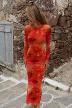 Orange Long Sleeve Open Back Watercolor Abstract Print Mesh Bodycon Maxi Dress
