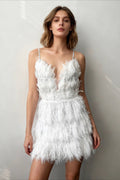 Spaghetti Strap Deep V Feather Trim Mesh Panel Tiered Mini Dress