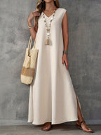 Women's V-Neck Sleeveless Solid Color Casual Loose Elegant Dress
