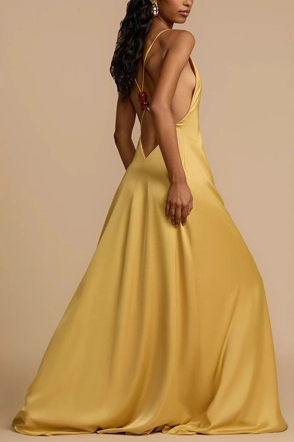 Yellow Backless Satin Slip Maxi Dress