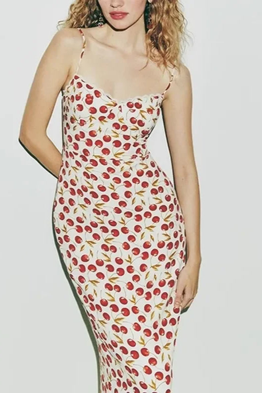 Cherry Print Spaghetti Strap Bodycon Midi Dress
