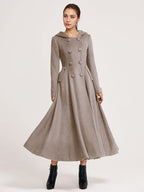 Woolen Flared Coat With Hood Dark Navy Double-breasted Elegant A-line Winter Long Outerwear For Women 2026
