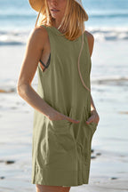 Solid Color Casual Round Neck Sleeveless Pocket Loose Rompers