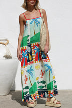 Summer-themed Printed Square Neck Sleeveless Pocket Loose Maxi Dress