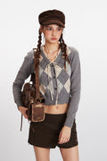 Argyle Cropped V Neck Cardigan