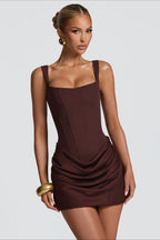 Corset Boned Square Neck Wide Strap Draped Ruched Bodycon Mini Dress