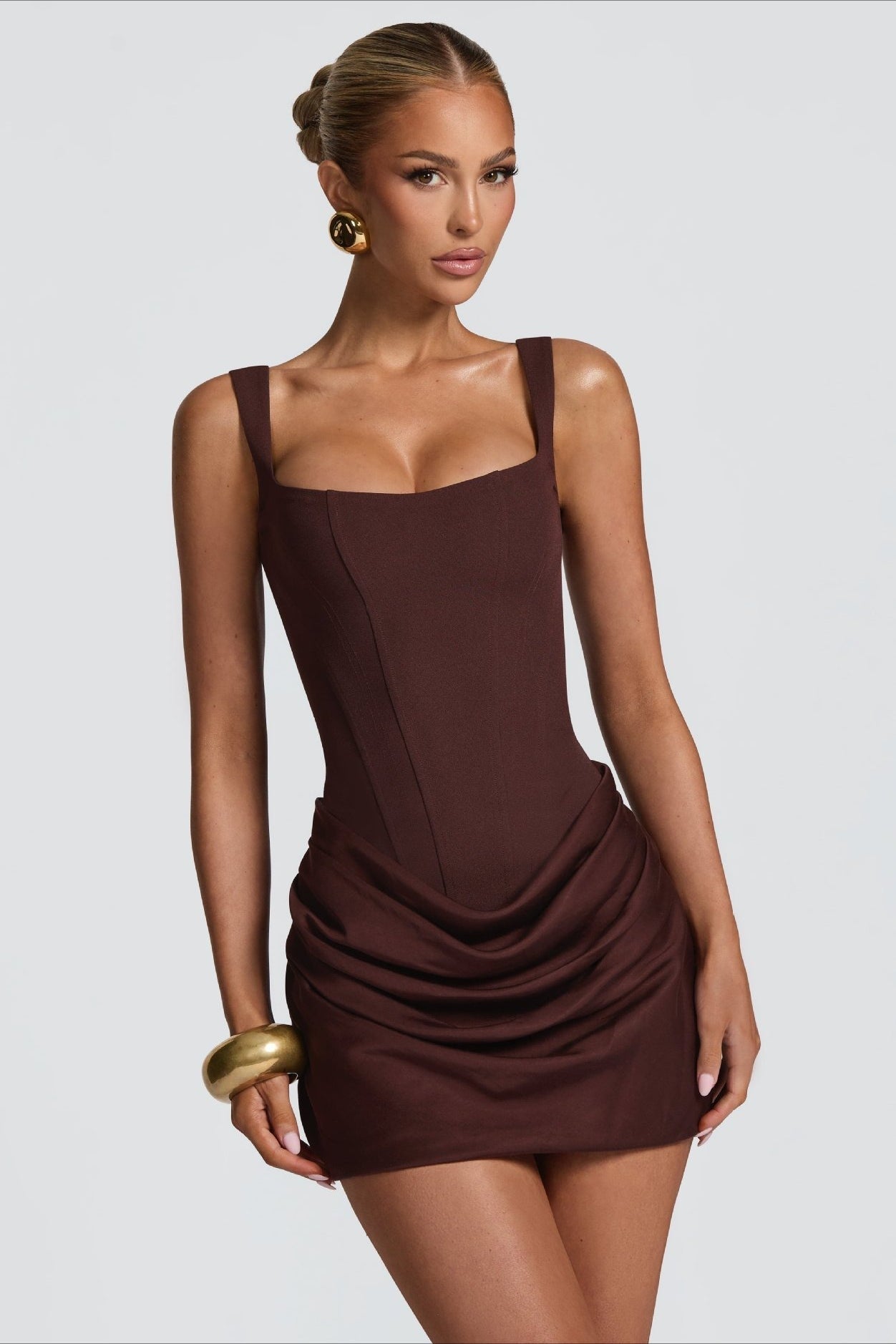 Corset Boned Square Neck Wide Strap Draped Ruched Bodycon Mini Dress