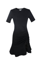 Short Sleeve Round Neck Side Ruched Drawstring Flounce Hem Mini Dress