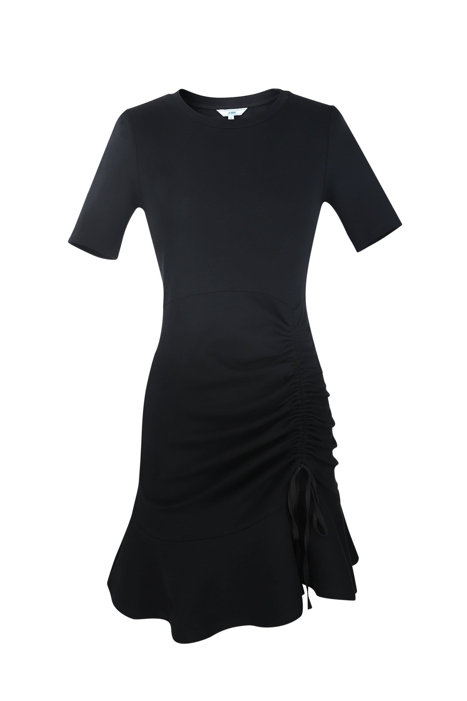 Short Sleeve Round Neck Side Ruched Drawstring Flounce Hem Mini Dress