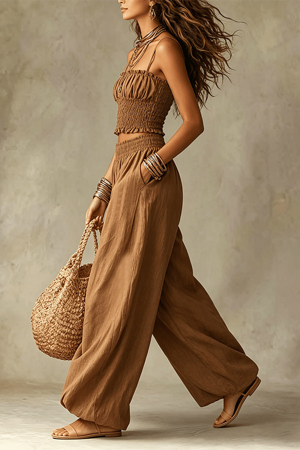 Olive Gypsy  pleated crop top and high-waisted wide-leg pants set