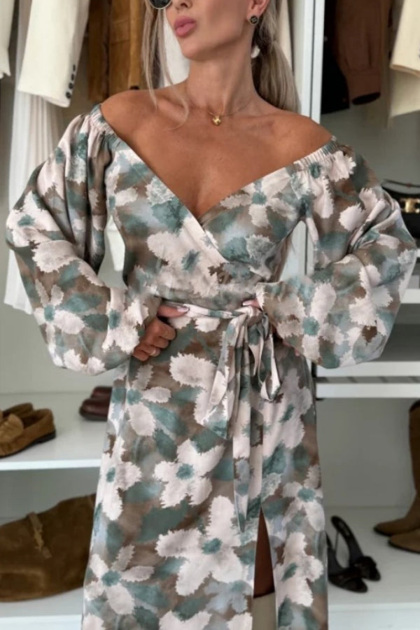 Unique Printed V-neck Long-sleeved Waist Tie Slit Maxi Dress