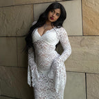 Lace Deep V-Neck Bell Sleeve Mermaid Maxi Dress
