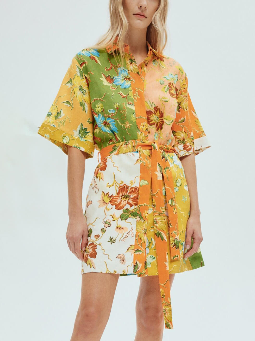 Patchwork Floral Print Collared Tie Waist Shirt Mini Dress