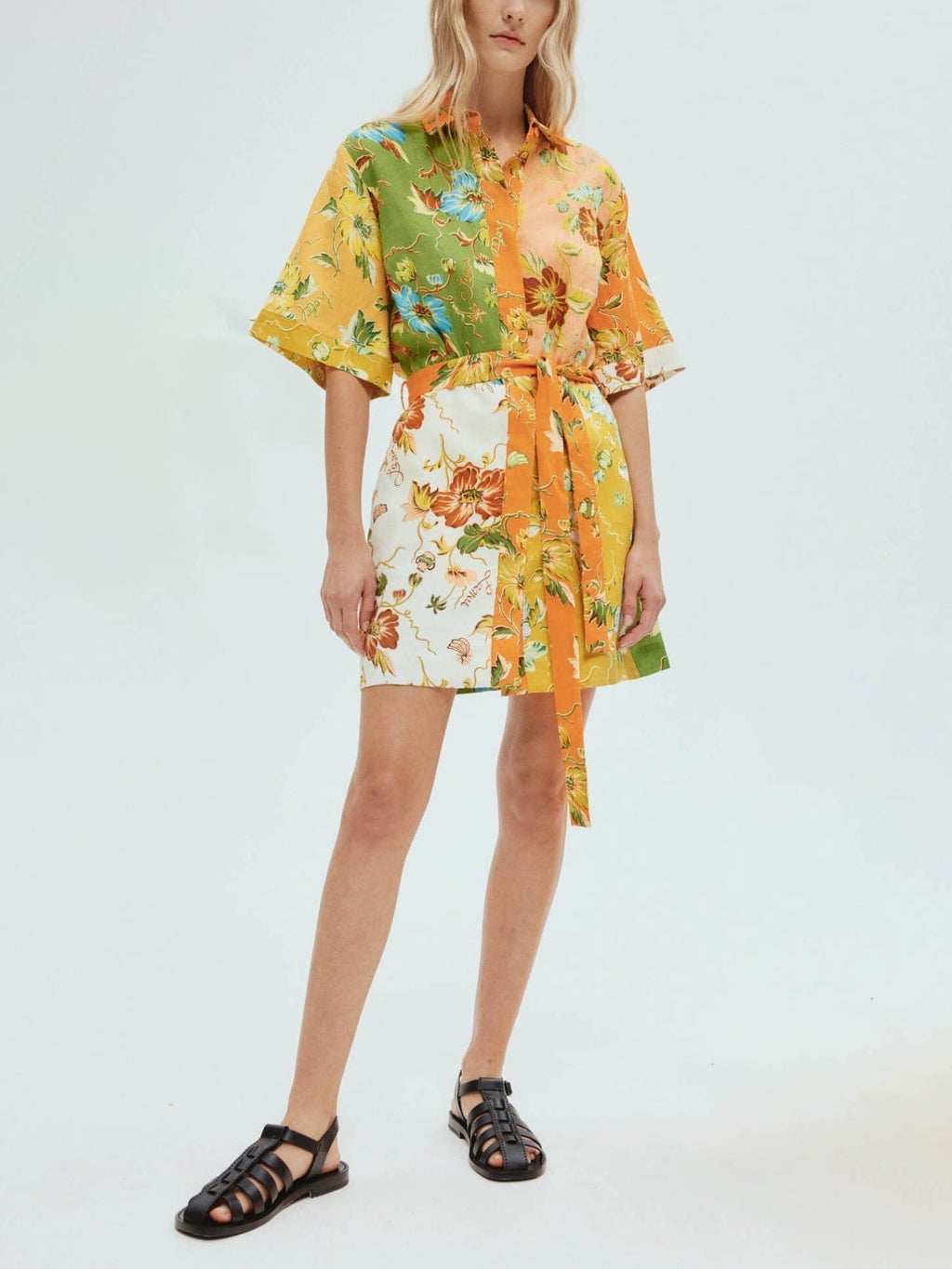 Patchwork Floral Print Collared Tie Waist Shirt Mini Dress