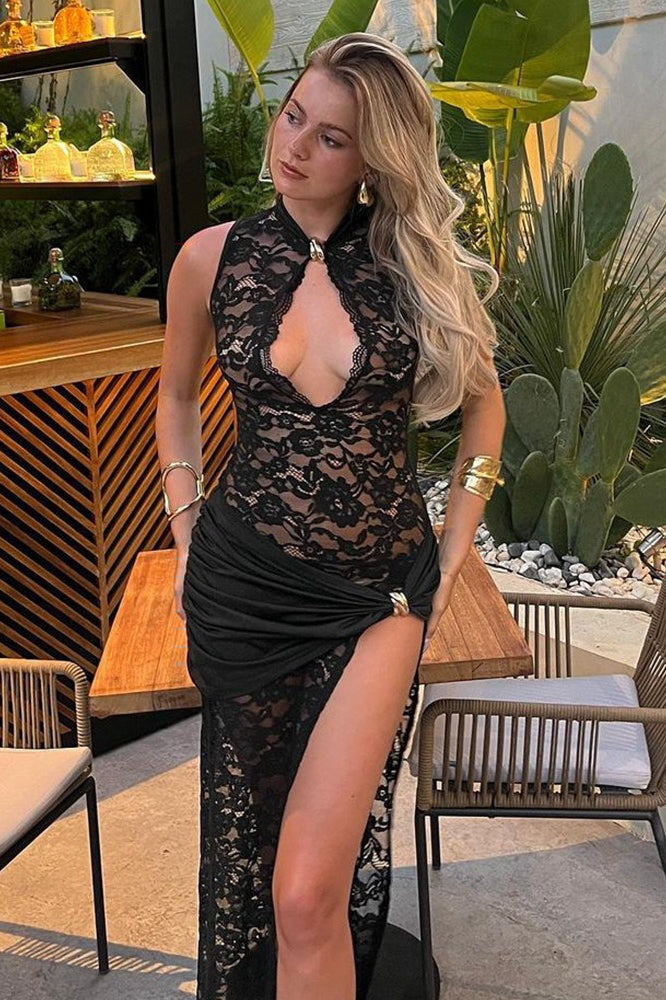 Lace High Neck Keyhole Cut Out Metal Buckle Asymmetrical Drape High Split Maxi Dress