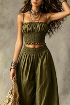Olive Gypsy  pleated crop top and high-waisted wide-leg pants set