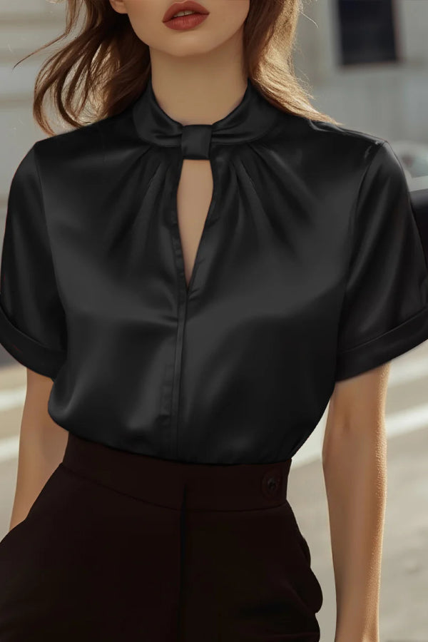 Solid Color Satin Openwork Casual Short-sleeved Shirt