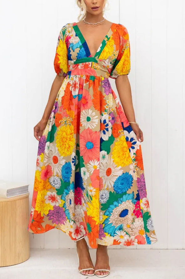 Floral Print Deep V-Neck Puff Sleeve High Waist A-Line Maxi Dress