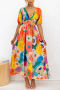 Floral Print Deep V-Neck Puff Sleeve High Waist A-Line Maxi Dress