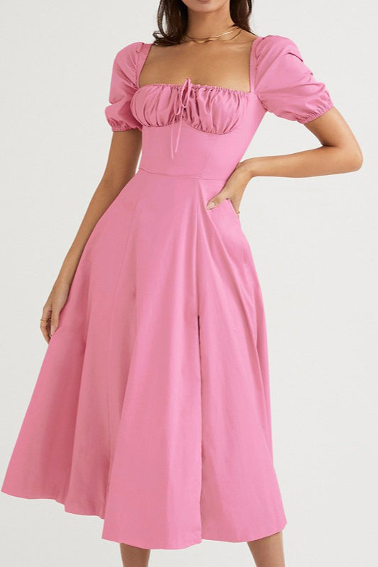 Off Shoulder Puff Sleeve Corset Tie Front High Split Maxi Dress