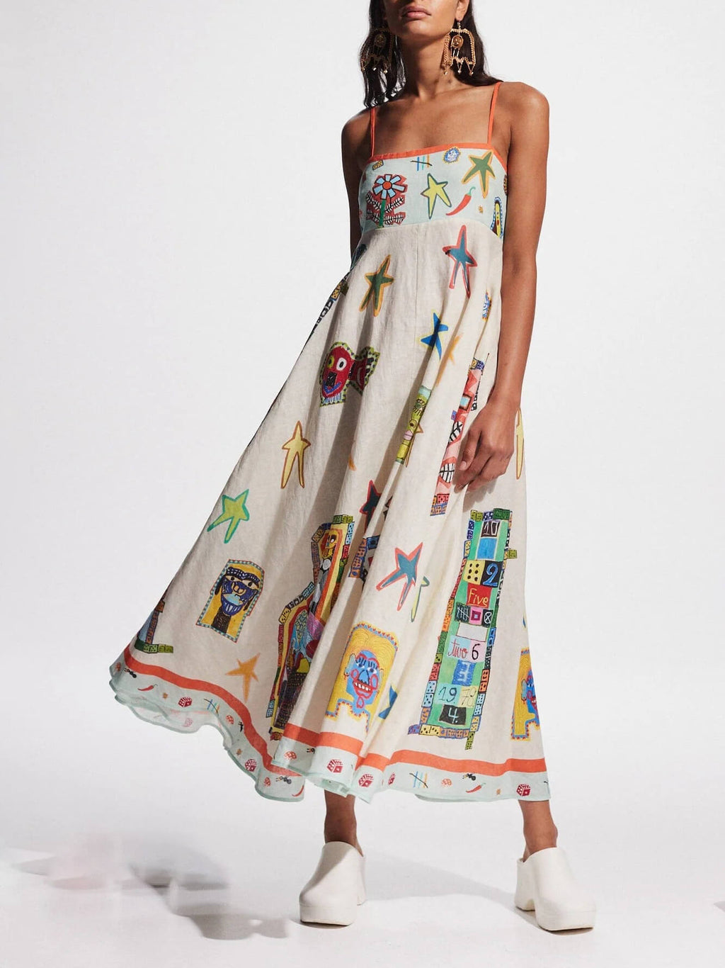 Spaghetti Strap Square Neck Folk Art Graphic Print Midi Dress