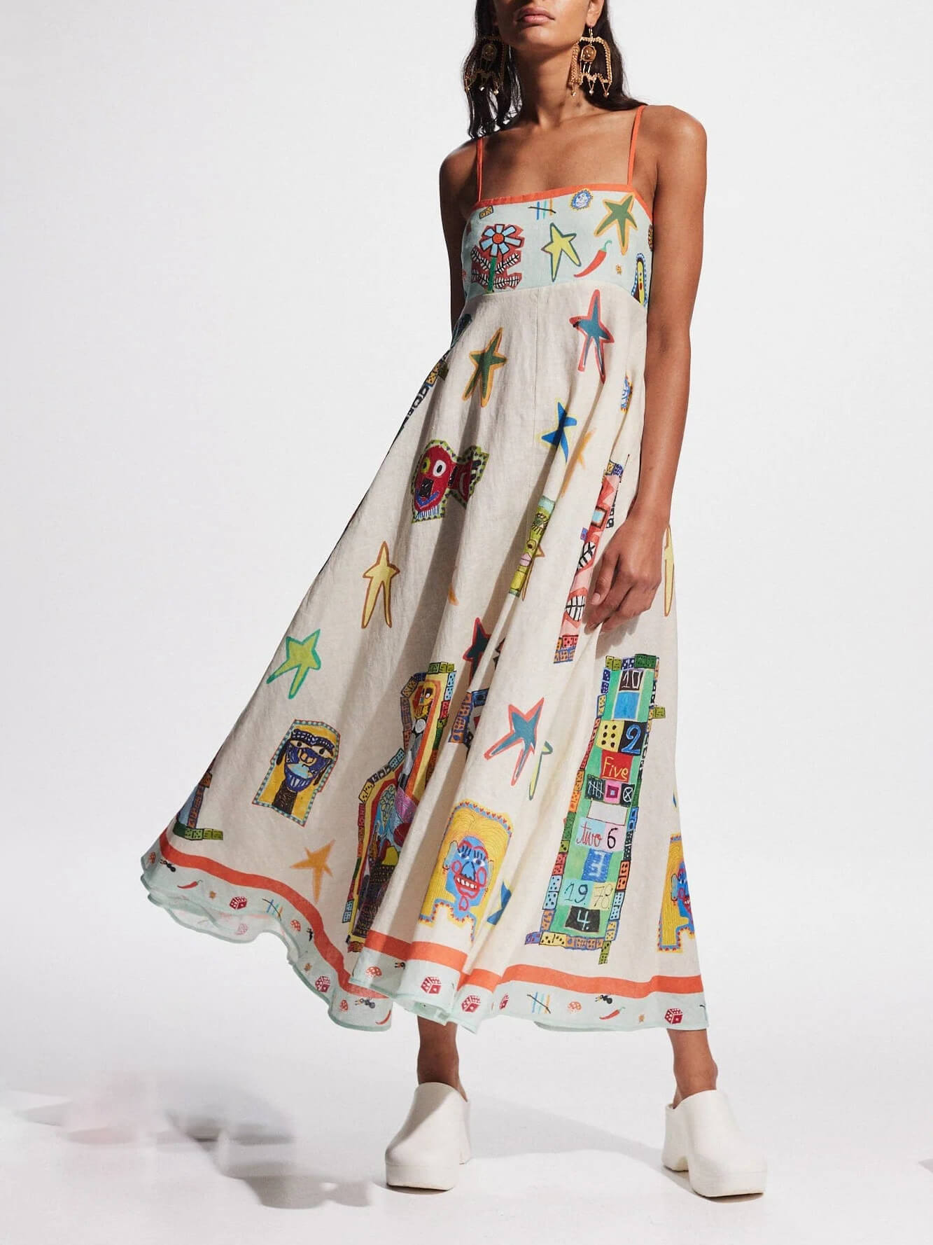 Spaghetti Strap Square Neck Folk Art Graphic Print Midi Dress