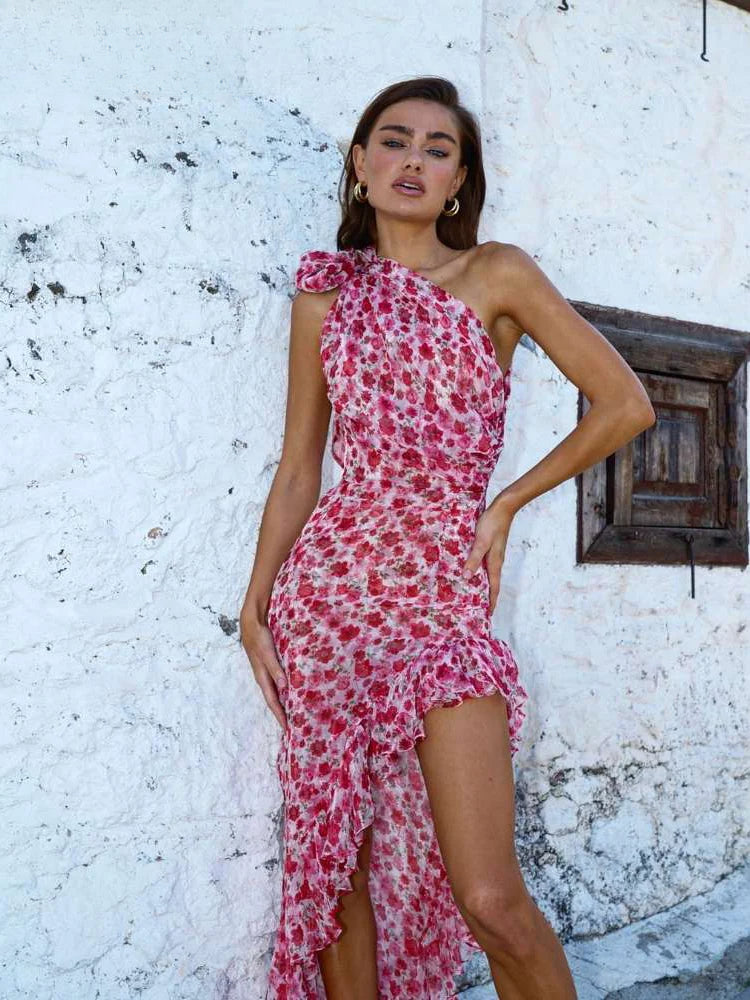One Shoulder Floral Print Ruffle Trim High Slit Midi Dress