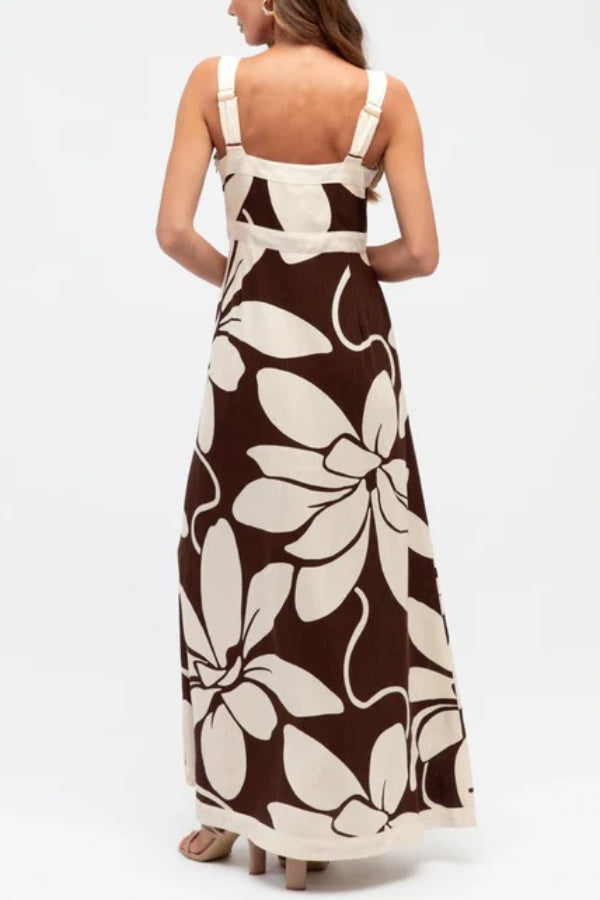 Color-blocked Floral Print Square Neck Sleeveless Casual Maxi Dress
