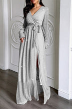 Plisse Long Sleeve Wrap Tie Waist High Slit Maxi Dress