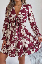 Floral Print Tie Front Deep V-Neck Smocked Waist Tiered Ruffle Mini Dress