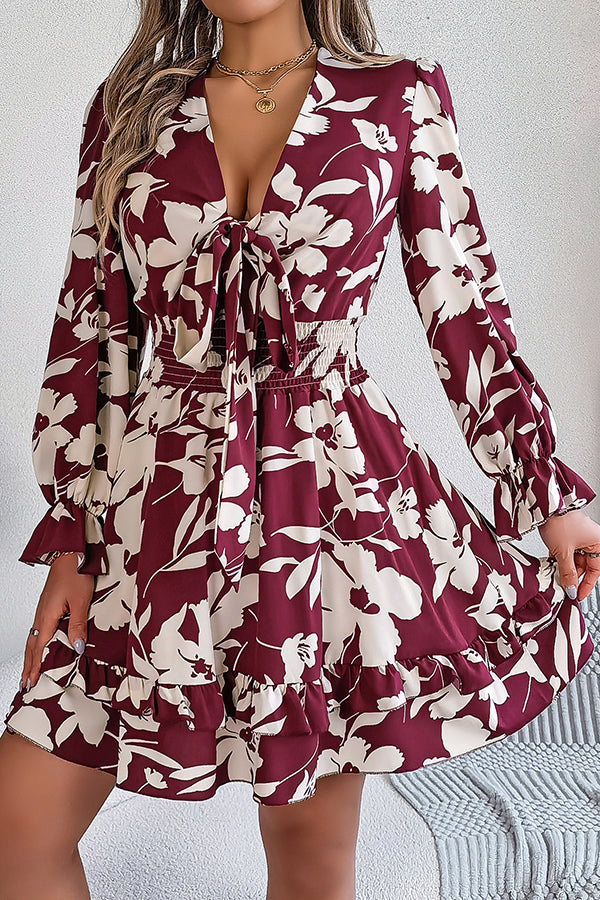 Floral Print Tie Front Deep V-Neck Smocked Waist Tiered Ruffle Mini Dress