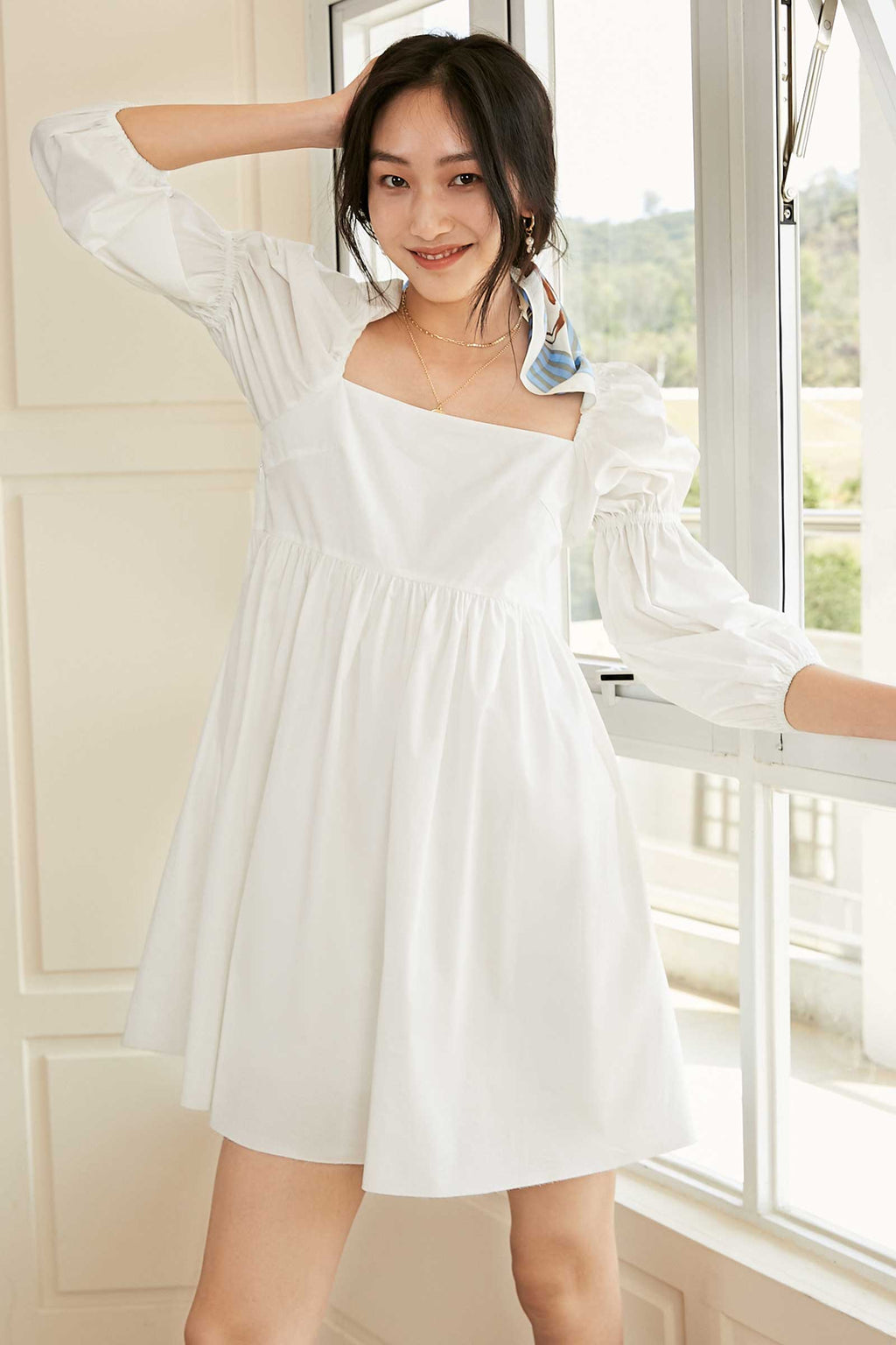 Square Neck Empire Waist Puff Sleeve Babydoll Mini Dress