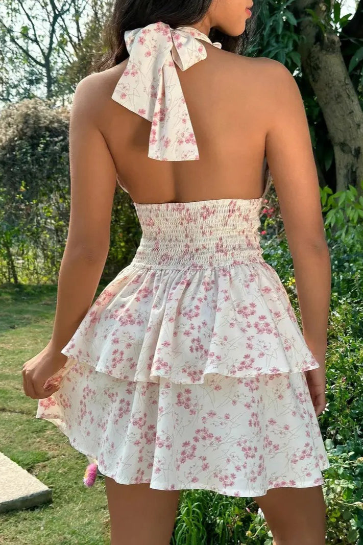 Spaghetti Strap Double Layer Ruffle Backless Ditsy Floral Print Mini Dress