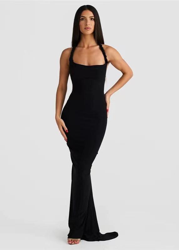 One-Shoulder Twisted Strap Folded Neckline Bodycon Maxi Dress