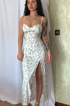 Spaghetti Strap Sweetheart Lace Trim Corset Bodice High Slit Midi Dress