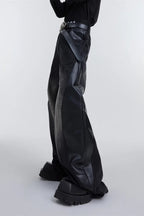 Wide Leg PU Leather Patchwork Jeans