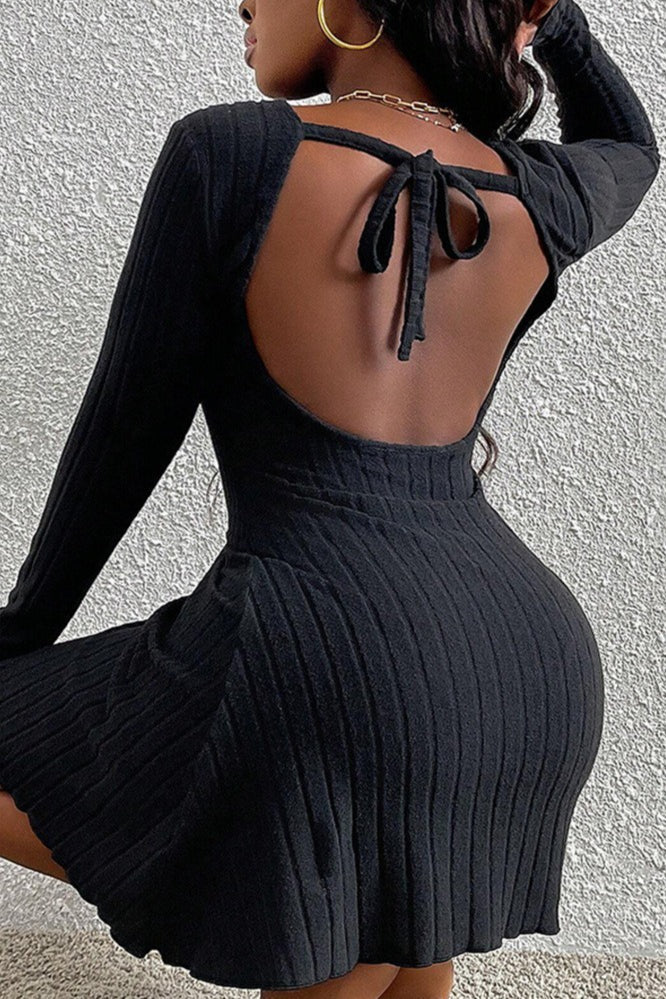 Ribbed Knit Long Sleeve Crew Neck Bodycon Mini Sweater Dress